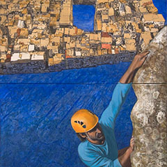 Gerhard Knell Landschaftsmalerei in Acryl figürlich. Kletterer beim Bergsteigen mit Helm hoch über Kowloon.